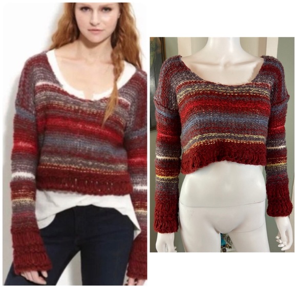 Free People Sweaters - Free People Nordic Red Gray Striped Cropped Bell Sleeve Sweater Small S Chunky